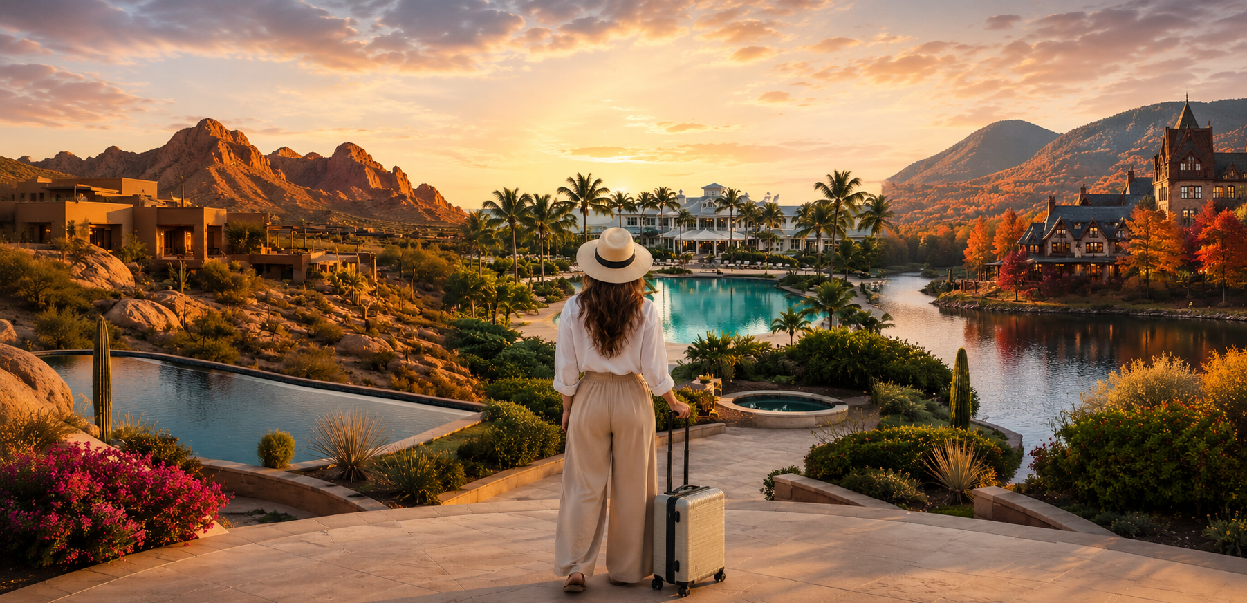 Luxe Spa Staff — traveling spa professional at a luxury resort at sunset